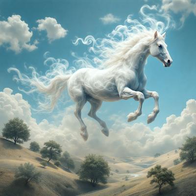 Primary subject: A white horse with a flowing mane flying through the air.

Setting/background: The horse is flying through a cloudy blue sky, with a field of trees in the background.

Visual style: The image is a digital art or illustration, featuring a white horse with a flowing mane.

Colors and mood: The dominant colors are blue and white, with a sense of freedom and movement. The overall atmosphere is lively and dynamic.